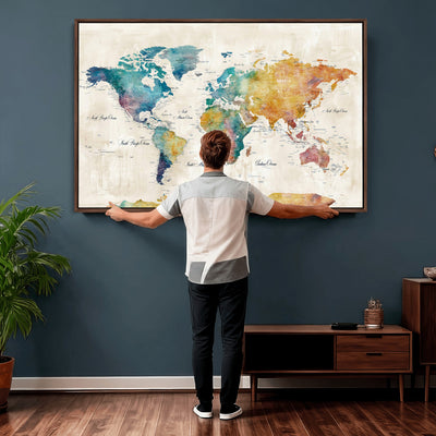 53654999D-MGV-CV-36X24 - Custom Push Pin World Map Wall Art Canvas Print – Personalized Travel Tracker with Pins Framed Large for Home and Office Decor