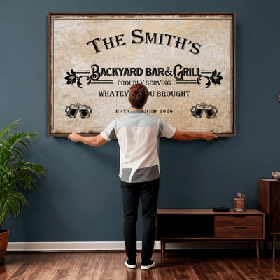 Custom Backyard Bar & Grill Sign, Personalized Family Name Arch Canvas