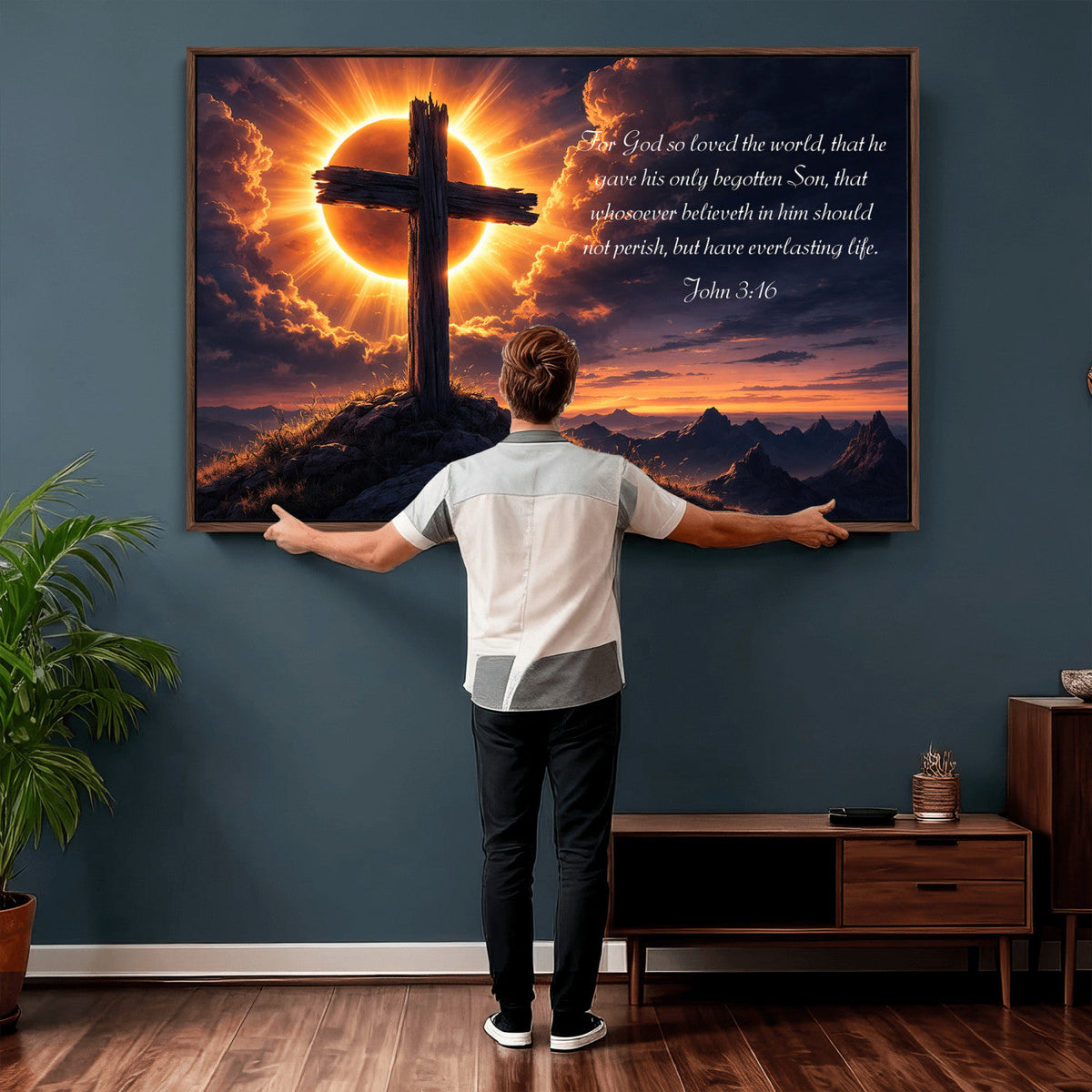PatioSign02JSS-MGV-CV-36X24 - Custom Bible Verse Cross Canvas, Personalized Christian Wall Art