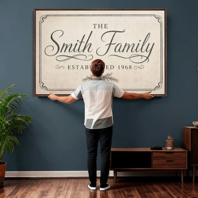 Custom family name sign hanging in a home
