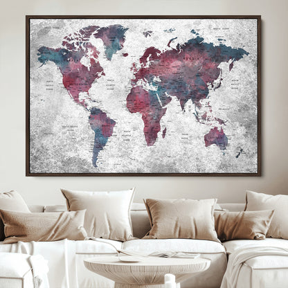 Push Pin World Map Canvas Print – Framed Wall Art for Couples to Track Their Travels – Anniversary Gift or Home Adventure Decor