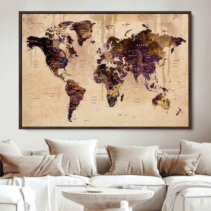 Push Pin World Map Canvas Print – Framed Wall Art for Couples to Track Their Travels – Anniversary Gift or Home Adventure Decor