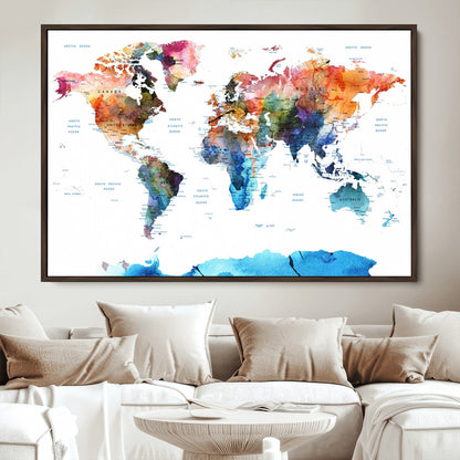 Push Pin World Map Canvas Print – Framed Wall Art for Couples to Track Their Travels – Anniversary Gift or Home Adventure Decor