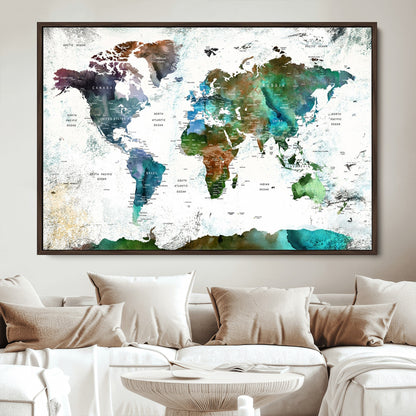 Push Pin World Map Canvas Print – Framed Wall Art for Couples to Track Their Travels – Anniversary Gift or Home Adventure Decor