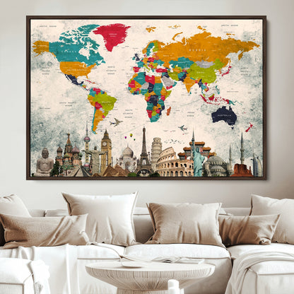 Push Pin World Map Canvas Print – Framed Wall Art for Couples to Track Their Travels – Anniversary Gift or Home Adventure Decor