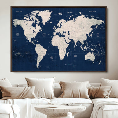 Push Pin World Map Canvas Print – Framed Wall Art for Couples to Track Their Travels – Anniversary Gift or Home Adventure Decor