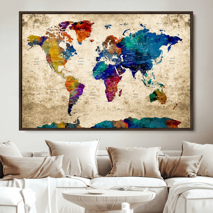 Push Pin World Map Canvas Print – Framed Wall Art for Couples to Track Their Travels – Anniversary Gift or Home Adventure Decor