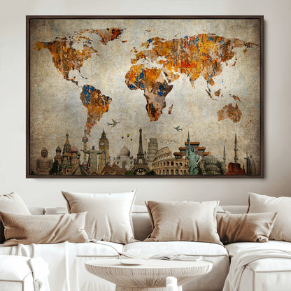 Push Pin World Map Canvas Print – Framed Wall Art for Couples to Track Their Travels – Anniversary Gift or Home Adventure Decor