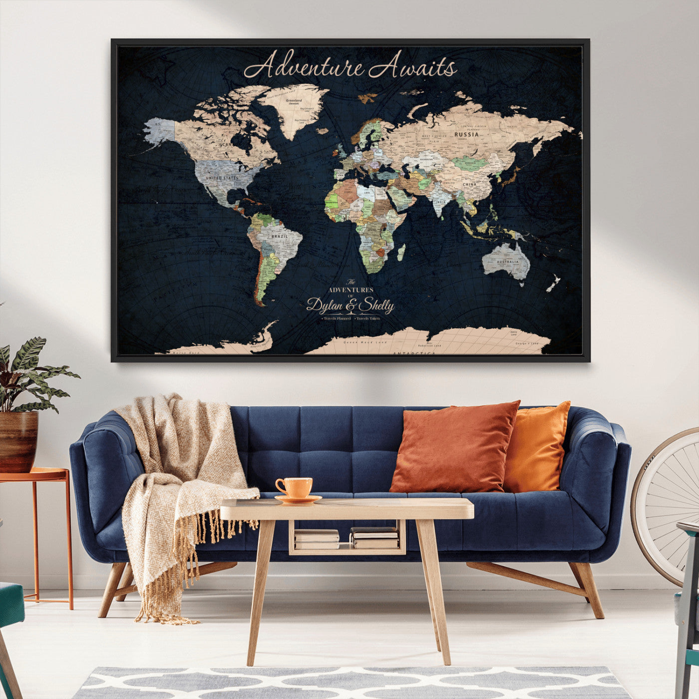 43186793-MGV-CV-30X20-Personalized World Map Print, Customizable Push Pin Framed World Map Print on Canvas - Custom Quote on Map Print