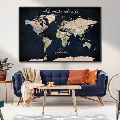 43186793-MGV-CV-30X20-Personalized World Map Print, Customizable Push Pin Framed World Map Print on Canvas - Custom Quote on Map Print