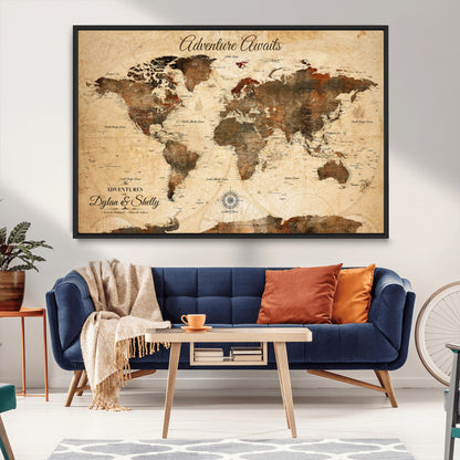 66357947-MGV-CV-36X24-Personalized World Map Print, Customizable Push Pin Framed World Map Print on Canvas - Custom Quote on Map Print