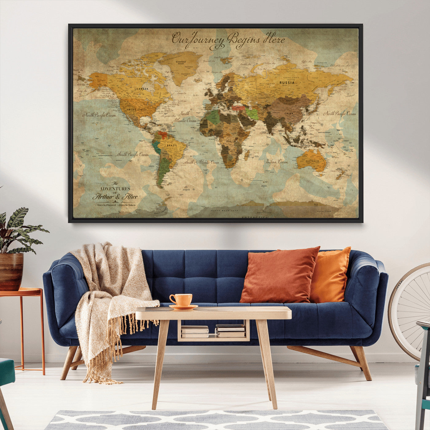 75523223-MGV-CV-36X24-Custom Push Pin World Map Wall Canvas Print – Personalized Travel Tracker with Pins – Framed Custom Quotie Canvas for Home Office