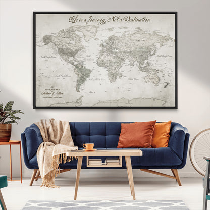 Custom Push Pin World Map Wall Canvas Print – Personalized Travel Tracker with Pins – Framed Custom Quotie Canvas for Home Office Decor