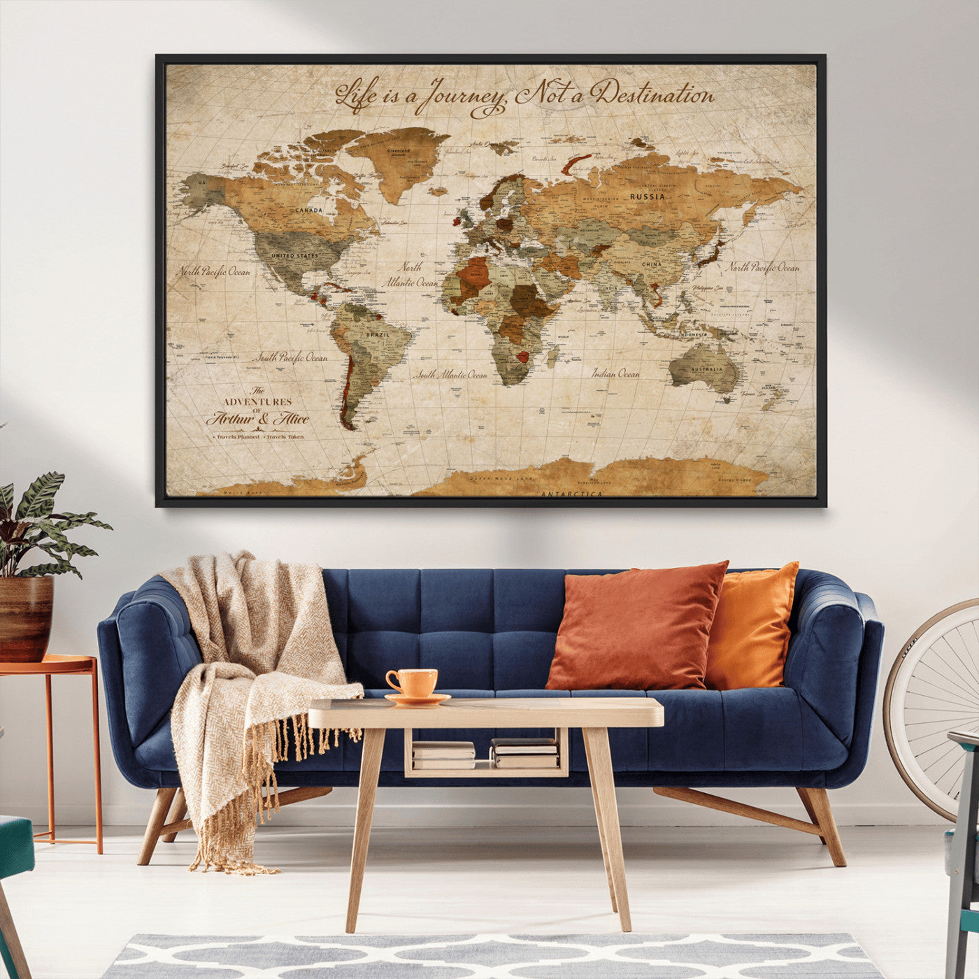 79036691-MGV-CV-30X20-Custom Push Pin World Map Wall Canvas Print – Personalized Travel Tracker with Pins – Framed Custom Quotie Canvas for Home Office Decor