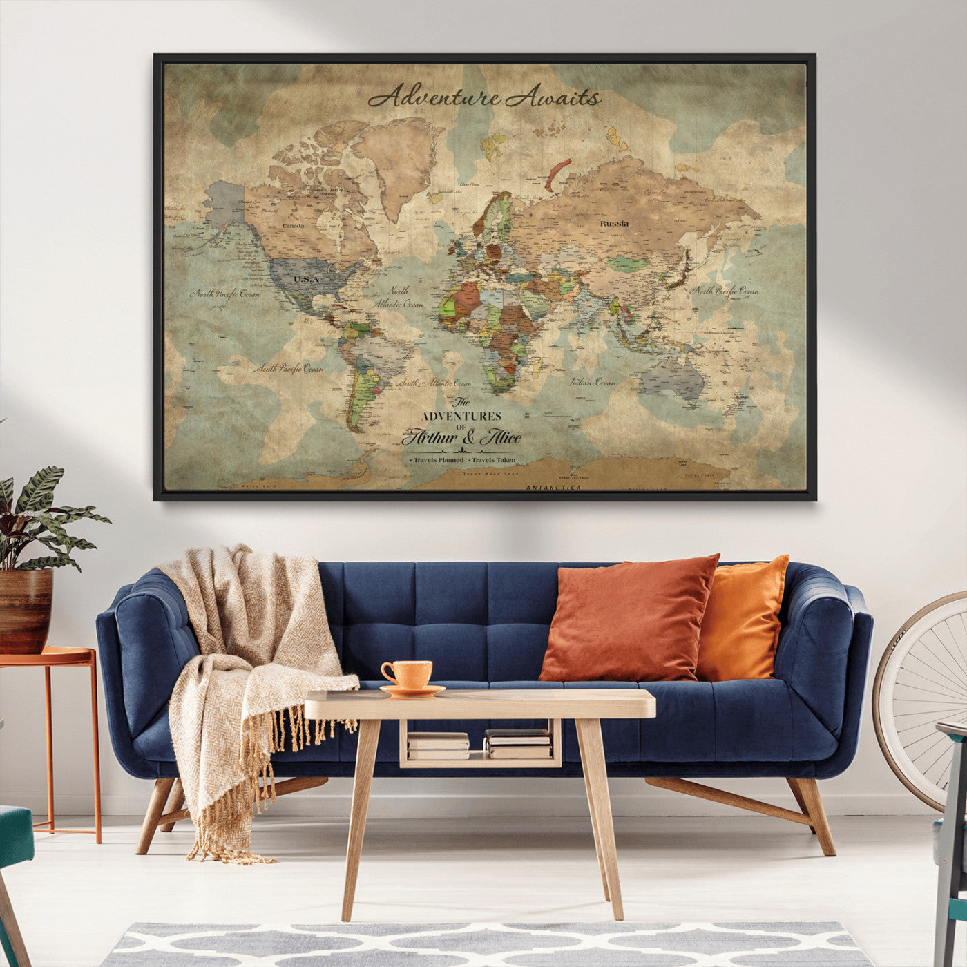 60798273-MGV-CV-30X20-Custom Push Pin World Map Wall Canvas Print – Personalized Travel Tracker with Pins – Framed Custom Quotie Canvas for Home Office Decor