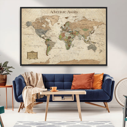 33020399-MGV-CV-30X20-Custom Push Pin World Map Wall Canvas Print – Personalized Travel Tracker with Pins – Framed Custom Quotie Canvas for Home Office Decor