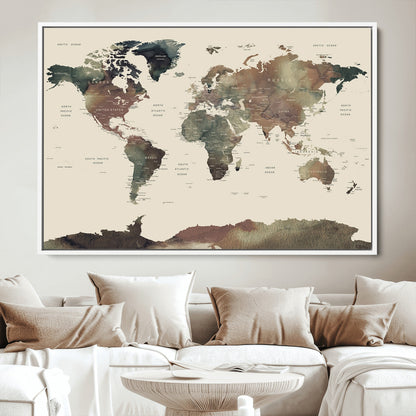 Push Pin World Map Canvas Print – Framed Wall Art for Couples to Track Their Travels – Anniversary Gift or Home Adventure Decor