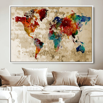 Push Pin World Map Canvas Print – Framed Wall Art for Couples to Track Their Travels – Anniversary Gift or Home Adventure Decor