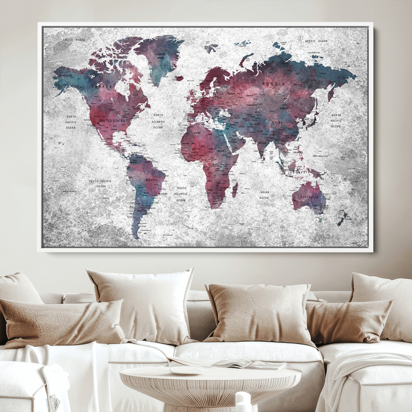 Push Pin World Map Canvas Print – Framed Wall Art for Couples to Track Their Travels – Anniversary Gift or Home Adventure Decor