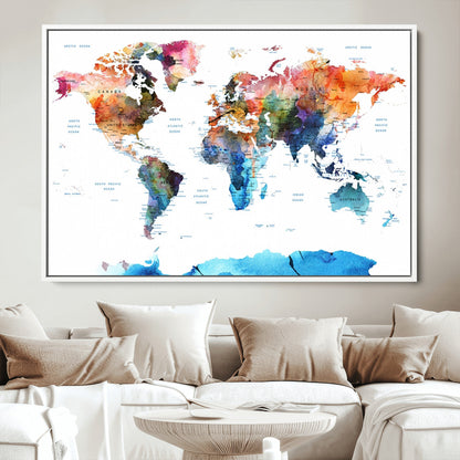 Push Pin World Map Canvas Print – Framed Wall Art for Couples to Track Their Travels – Anniversary Gift or Home Adventure Decor