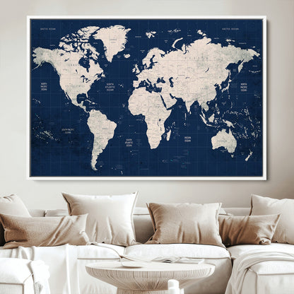 Push Pin World Map Canvas Print – Framed Wall Art for Couples to Track Their Travels – Anniversary Gift or Home Adventure Decor