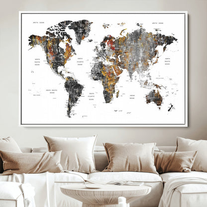 Push Pin World Map Canvas Print – Framed Wall Art for Couples to Track Their Travels – Anniversary Gift or Home Adventure Decor