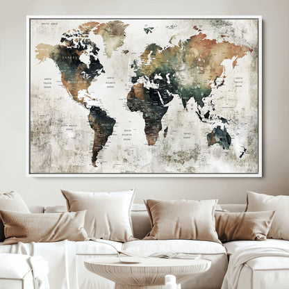 Push Pin World Map Canvas Print – Framed Wall Art for Couples to Track Their Travels – Anniversary Gift or Home Adventure Decor