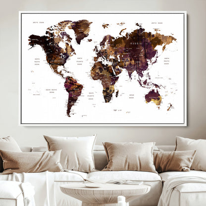 Push Pin World Map Canvas Print – Framed Wall Art for Couples to Track Their Travels – Anniversary Gift or Home Adventure Decor