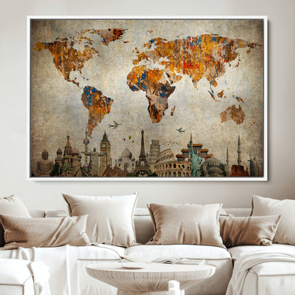 Push Pin World Map Canvas Print – Framed Wall Art for Couples to Track Their Travels – Anniversary Gift or Home Adventure Decor