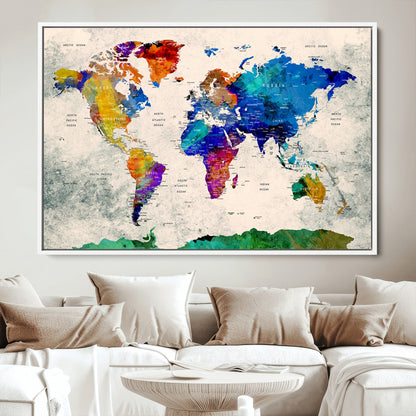 Push Pin World Map Canvas Print – Framed Wall Art for Couples to Track Their Travels – Anniversary Gift or Home Adventure Decor