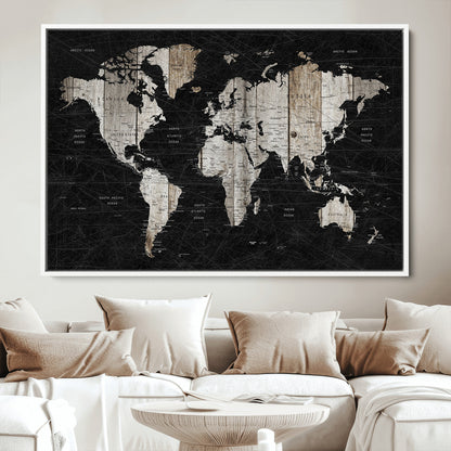 Push Pin World Map Canvas Print – Framed Wall Art for Couples to Track Their Travels – Anniversary Gift or Home Adventure Decor