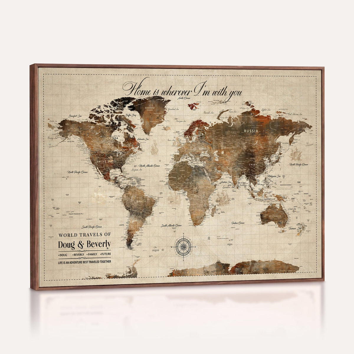 Large Custom Framed Beige Vintage World Travel Map Wall Art with Pins, Couples Countries Visited Map, Living Room and Hallway Decor