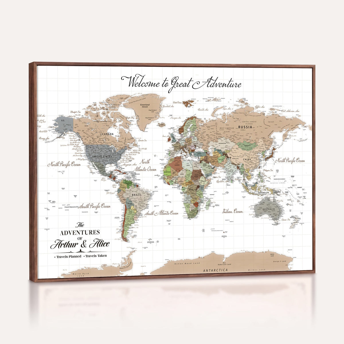 85396539-MGV-CV-36X24 - Custom Beige Push Pin World Map Wall Art, Bucket List Map, Study and Hallway Decor