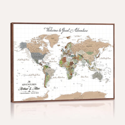 85396539-MGV-CV-36X24 - Custom Beige Push Pin World Map Wall Art, Bucket List Map, Study and Hallway Decor