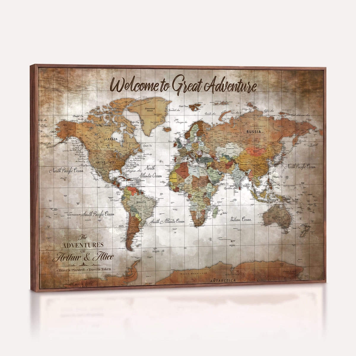 94821994-MGV-CV-36X24 - Personalized Beige Vintage Push Pin Travel Map Canvas Print, Honeymoon and Anniversary Gift, Dining Room and Study Decor