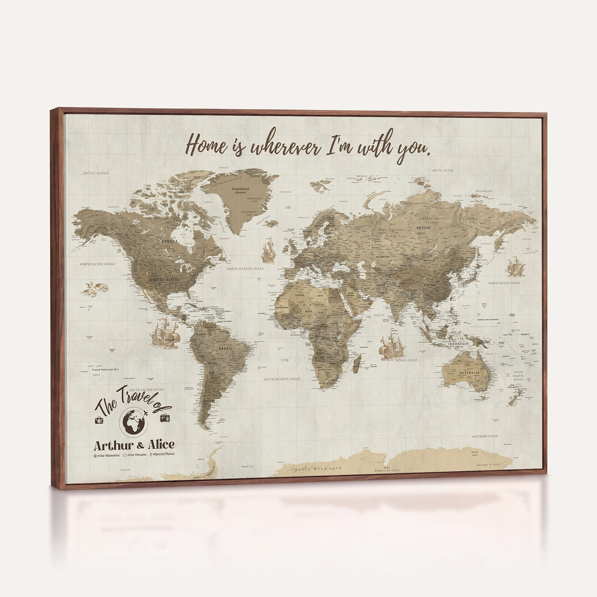 Custom Beige Geometric World Map Canvas with Push Pins, Honeymoon and Anniversary Gift, Dining Room and Hallway Decor
