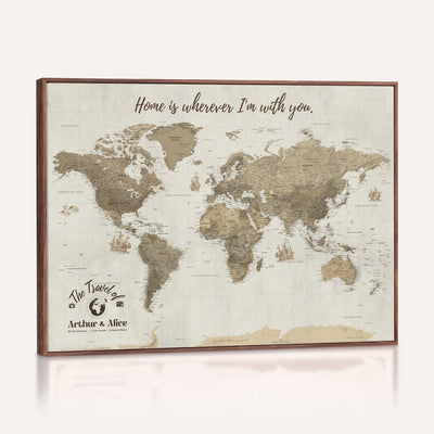 Custom Beige Geometric World Map Canvas with Push Pins, Honeymoon and Anniversary Gift, Dining Room and Hallway Decor