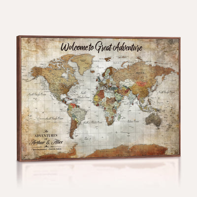 Personalized Beige Push Pin World Map Wall Art, Bucket List Map, Living Room and Family Room Decor