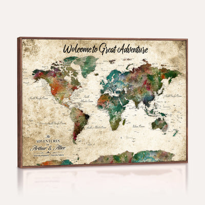 Personalized Beige Grunge World Map Canvas with Push Pins, Next Trip Planner Map, Family Room and Home Office Decor