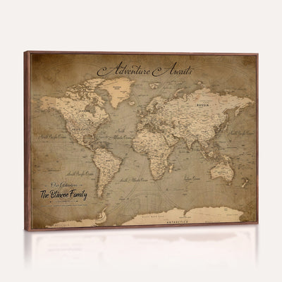Personalized Framed Beige World Travel Map Wall Art with Pins, Family Travel Tracker, Family Room and Entryway Decor