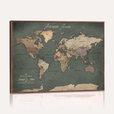 Personalized Framed Beige Modern World Map Canvas with Push Pins, Bucket List Map, Family Room and Dining Room Decor