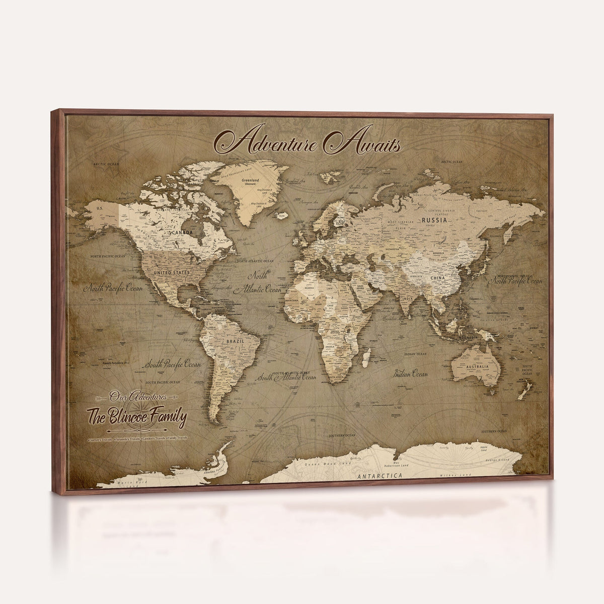 Custom Beige Modern Push Pin World Map Canvas Print, Family Travel Tracker, Dining Room and Home Office Decor