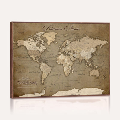 Custom Beige Modern Push Pin World Map Canvas Print, Family Travel Tracker, Dining Room and Home Office Decor