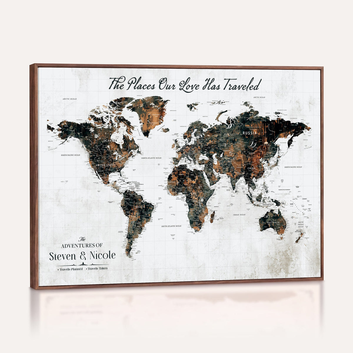 Personalized Beige Push Pin World Map Canvas Print, Honeymoon and Anniversary Gift, Living Room and Dining Room Decor