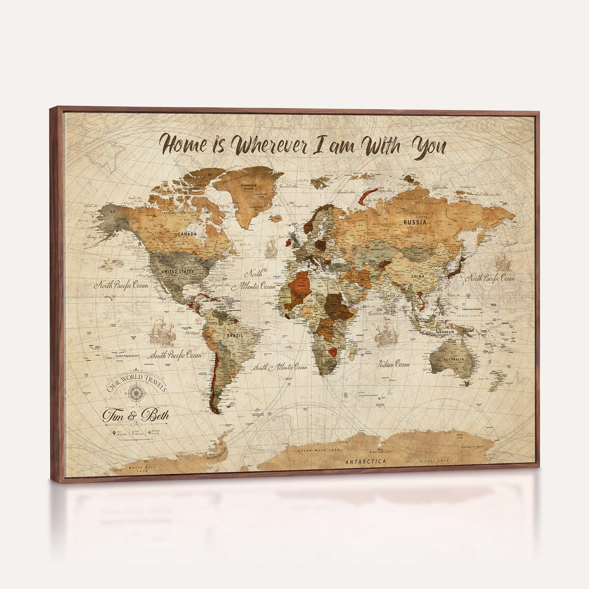 Personalized Framed Black Modern Push Pin World Map Wall Art, Couples Countries Visited Map, Dining Room and Hallway Decor
