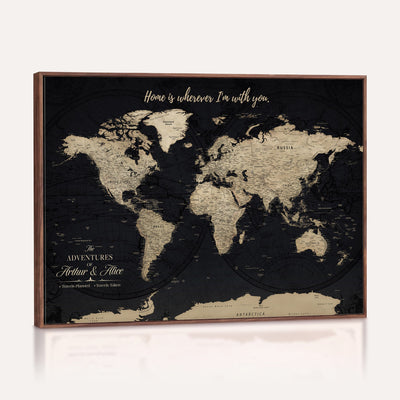 Personalized Framed Beige Modern Push Pin World Map Canvas Print, Places Visited Tracker, Family Room and Bedroom Decor