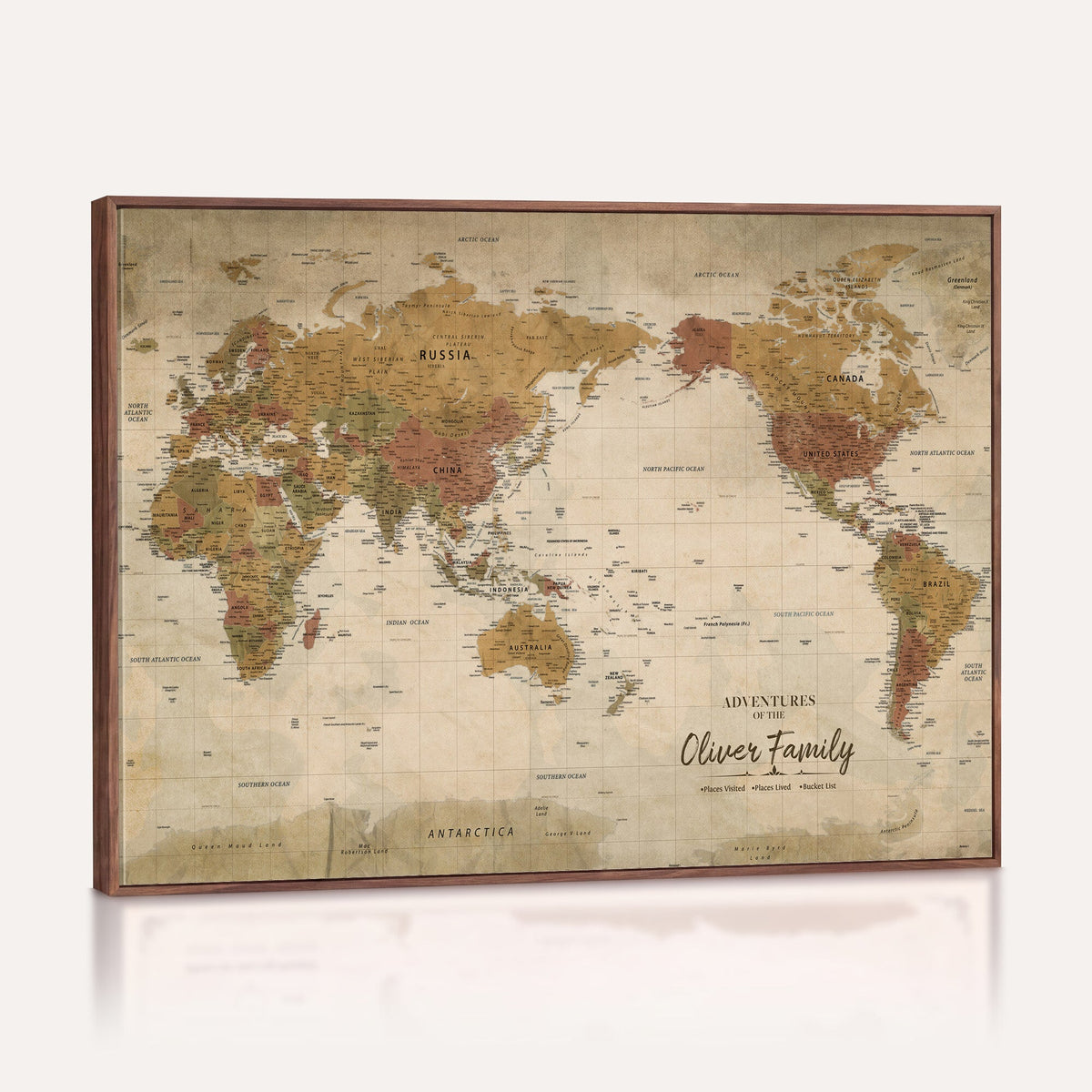 Personalized Framed Navy Modern World Map Canvas with Push Pins, Bucket List Map, Living Room and Entryway Decor