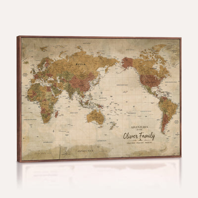 Personalized Framed Navy Modern World Map Canvas with Push Pins, Bucket List Map, Living Room and Entryway Decor