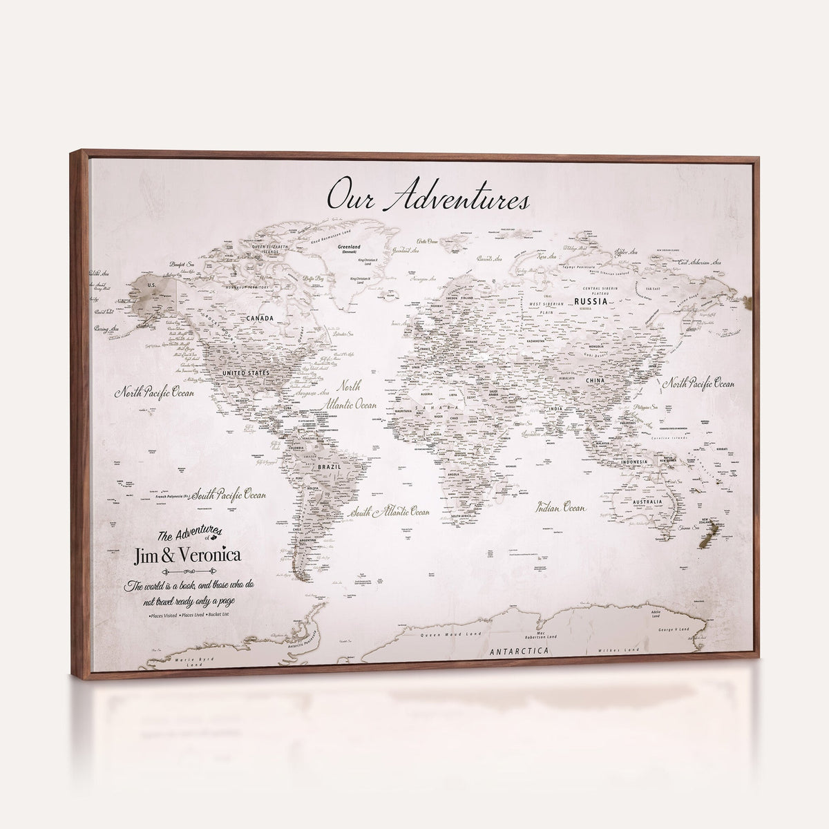 Personalized Beige Vintage World Travel Map Wall Art with Pins, Honeymoon and Anniversary Gift, Entryway and Hallway Decor