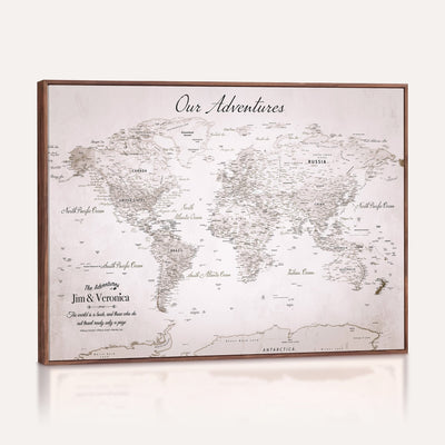 Personalized Beige Vintage World Travel Map Wall Art with Pins, Honeymoon and Anniversary Gift, Entryway and Hallway Decor